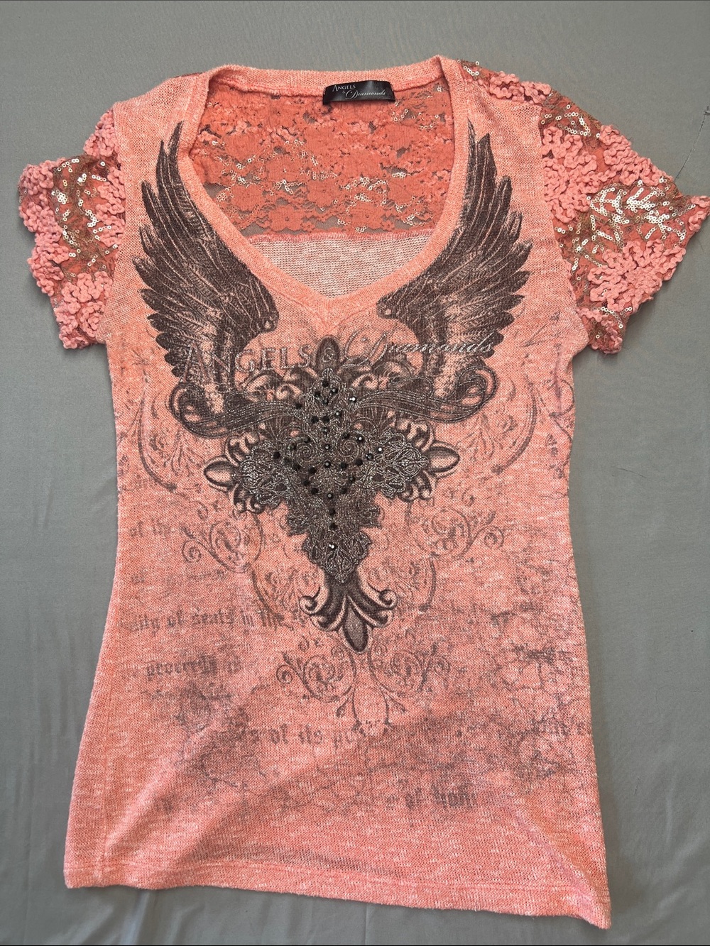 Angels & Diamonds Coral Lace Sleeve Wing Graphic Tee 0762